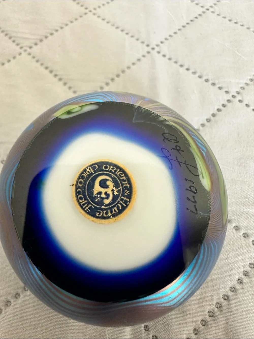 Vintage Orient & Flume Glass Blue & White Flower Iridescent Paperweight-1977